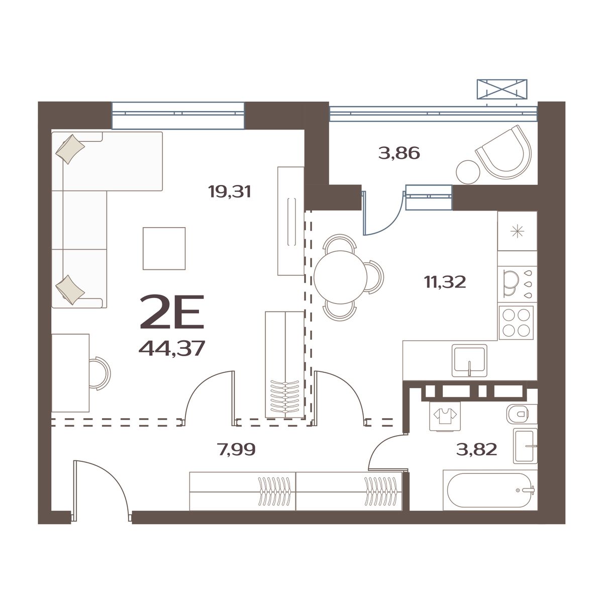 ЖК Меридианы Улисса, 1-комн кв 44,37 м2, за 6 364 000 ₽, 1 этаж